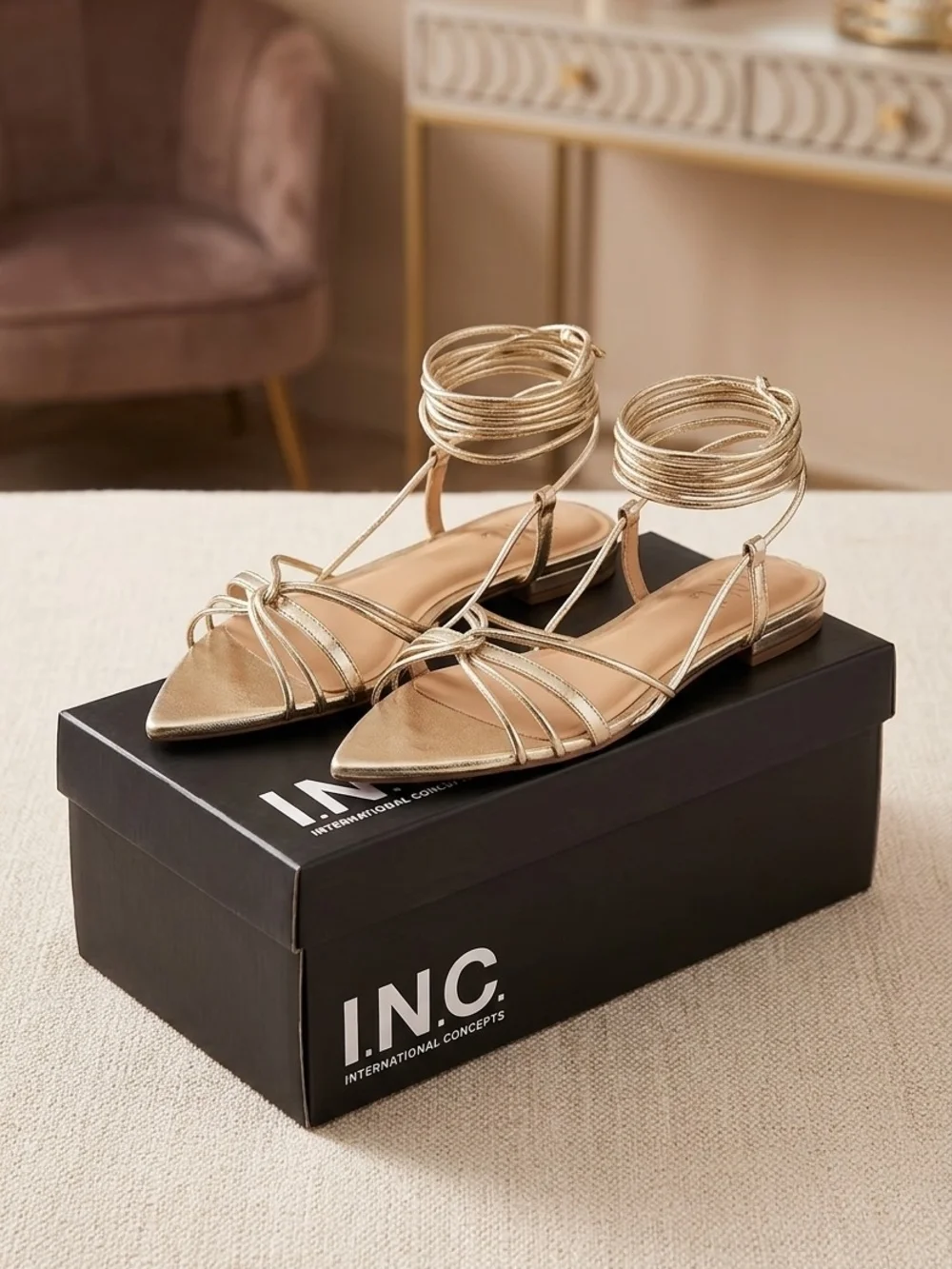 INC International Concepts Metallic Gold Strappy Ankle-Wrap Flat Sandals